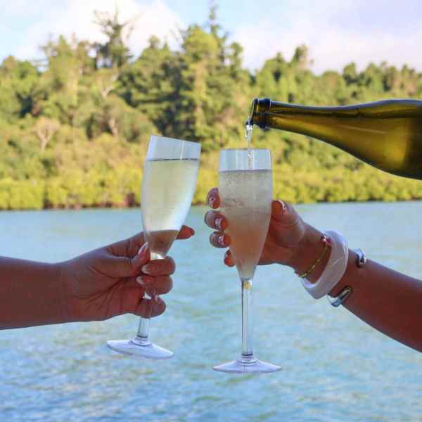 Two hands toasting and pouring champagne by a lake with trees.